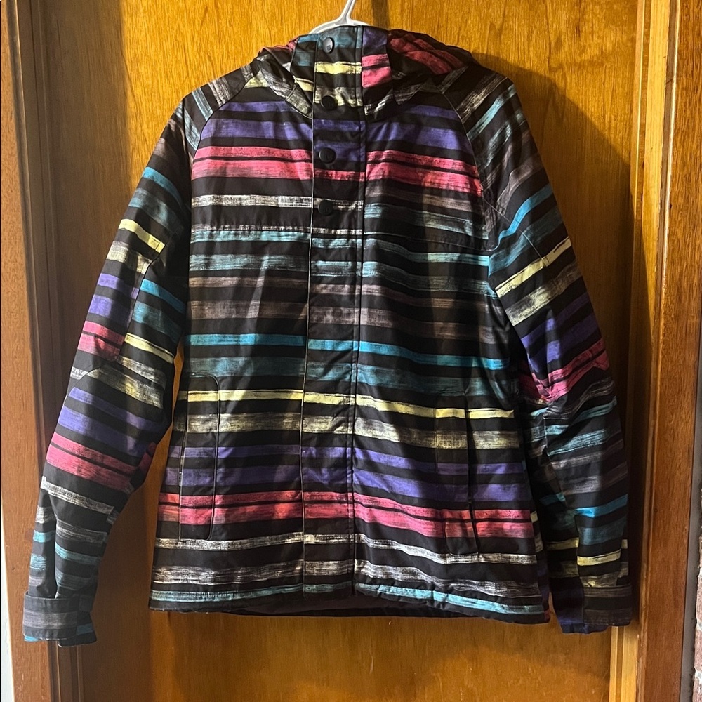 Woman’s Burton Striped Hooded Winter Jacket in Black Multicolor Stripes Large